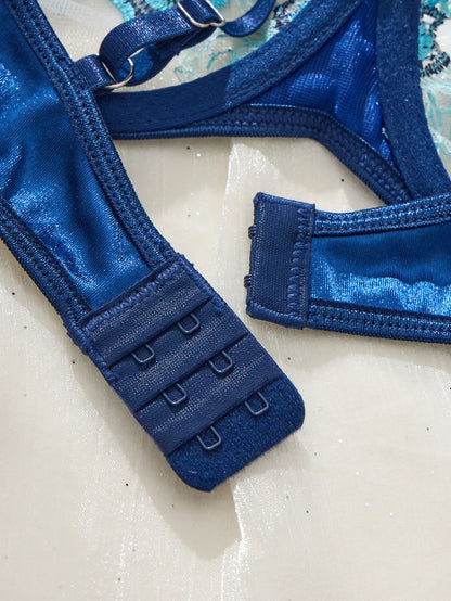 Vintage Blue Satin Lingerie Set Contrast Floral Embroidery Sheer Mesh Underwire Bra Adjustable Strap Thong Panties For Women