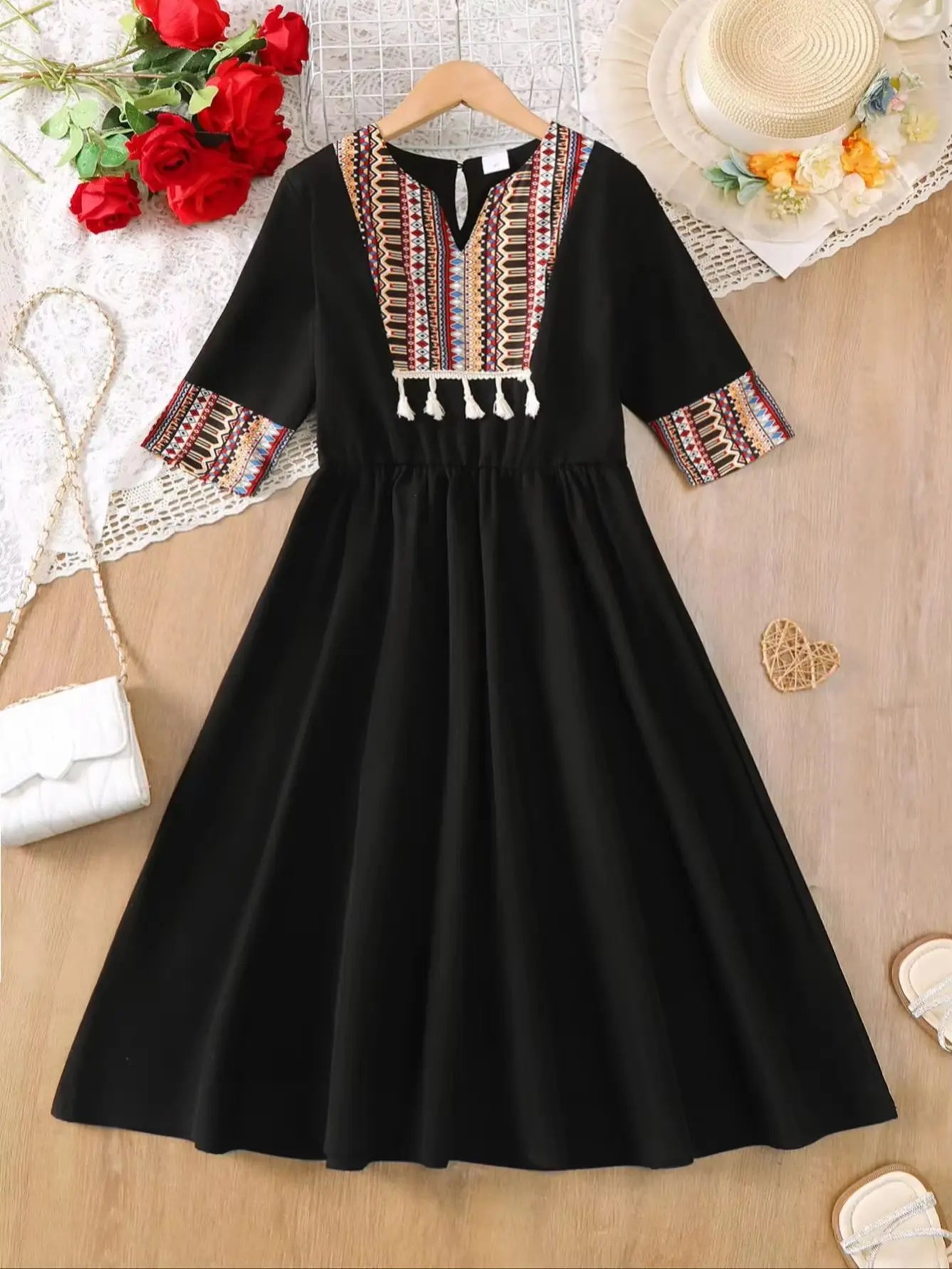 Middle East Girls Casual Mid-Sleeve Midi Dress Summer Ethnic Style Children's Clothing Long Dress for Big Kids
