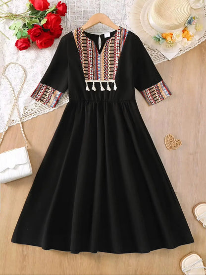 Middle East Girls Casual Mid-Sleeve Midi Dress Summer Ethnic Style Children's Clothing Long Dress for Big Kids