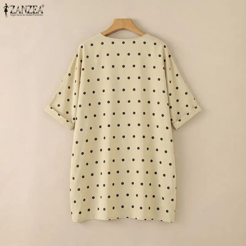 ZANZEA Woman Polka Dot Loose Long Blouses Round Neck 3/4 Sleeves Oversized Tunic Tops Autumn Casual Comfort Daily Wear Blusas