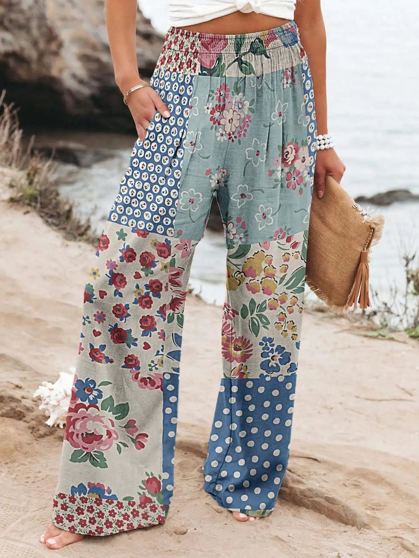 2025 Women's New Floral Print Loose Pants Casual Elastic Waist Wide Leg Straight Trousers Drawstring Design Relaxed-Fit Pants
