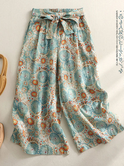 Retro Print Cotton Linen Wide Leg Pants High Waist Belted Slimming Casual Straight Nine Point Trousers for plus Size Women