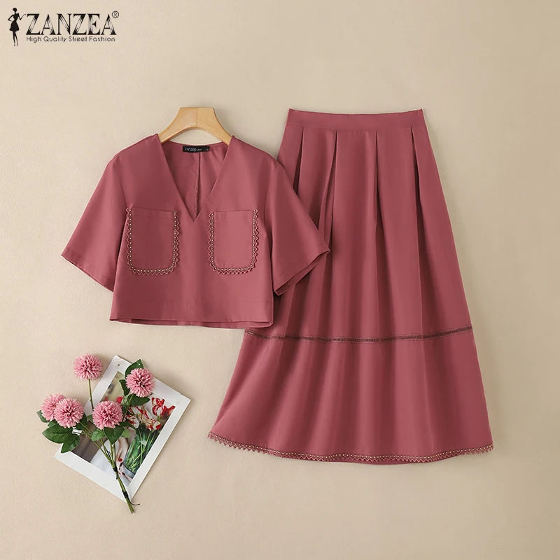2026 ZANZEA Summer Elegant V Neck Short Sleeve Blouse Dress Sets Stylish Women Outfits Elegant OL Work Suit Solid 2 Pieces Sets