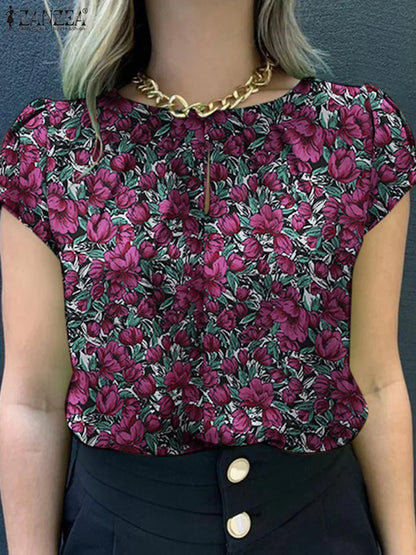 ZANZEA Bohemian Floral Printed Blouse Summer Casual Pleated Design Tops Woman Elegant Short Sleeve Shirt Female Holiday Blusas