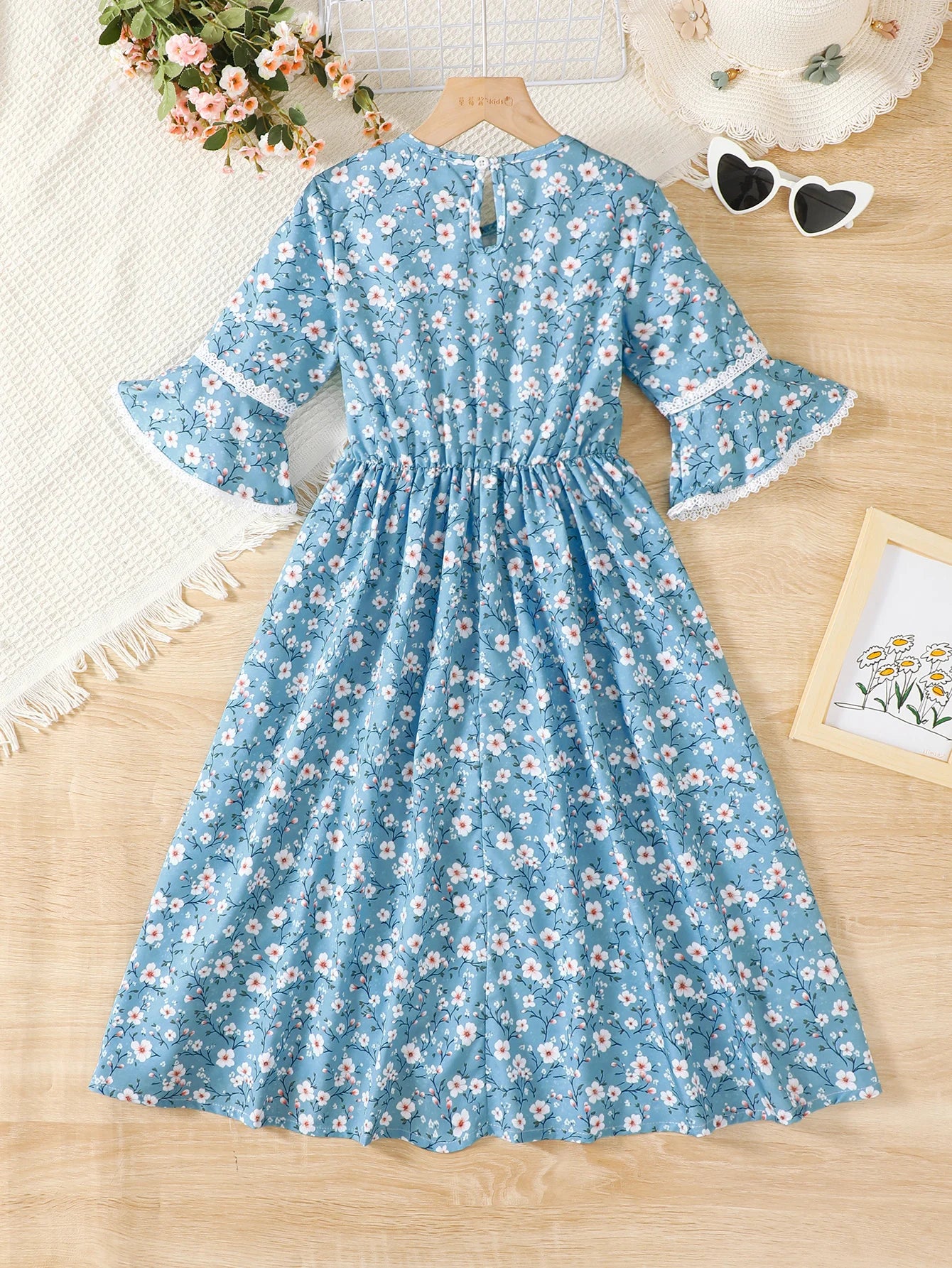 Middle East Girls Big Kids Short Sleeve Dress Floral Pattern Ethnic Style Summer Children Fashion Comfortable Versatile Dress