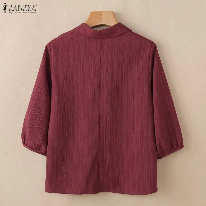 ZANZEA 2026 Summer Woman Textured Blouses Turn-Down Collar 3/4 Puff Sleeve Solid Color Pullover Tops Daily Casual Blusas Mujer