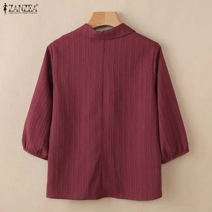ZANZEA 2026 Summer Woman Textured Blouses Turn-Down Collar 3/4 Puff Sleeve Solid Color Pullover Tops Daily Casual Blusas Mujer