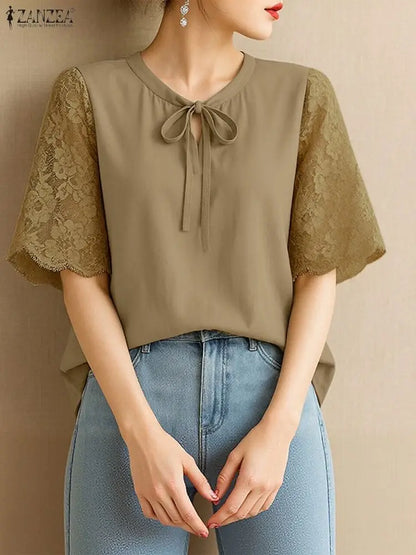 ZANZEA Elegant Women's Lace Patchwork Half Sleeve Blouses Casual Lace-Up O-Neck Solid Color Tops Korean Fashion Woman Clothes