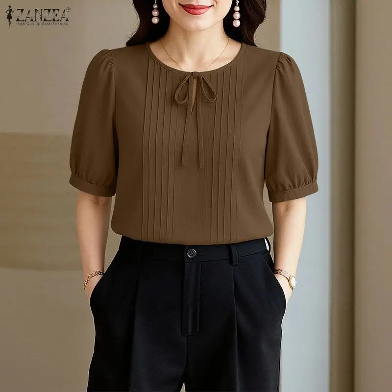 ZANZEA Elegant Solid Color Woman Blouses Lace Up O-Neck Short Puff Sleeve Pintuck Detail Women's Tops Summer Casual Blusas