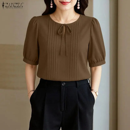ZANZEA Elegant Solid Color Woman Blouses Lace Up O-Neck Short Puff Sleeve Pintuck Detail Women's Tops Summer Casual Blusas