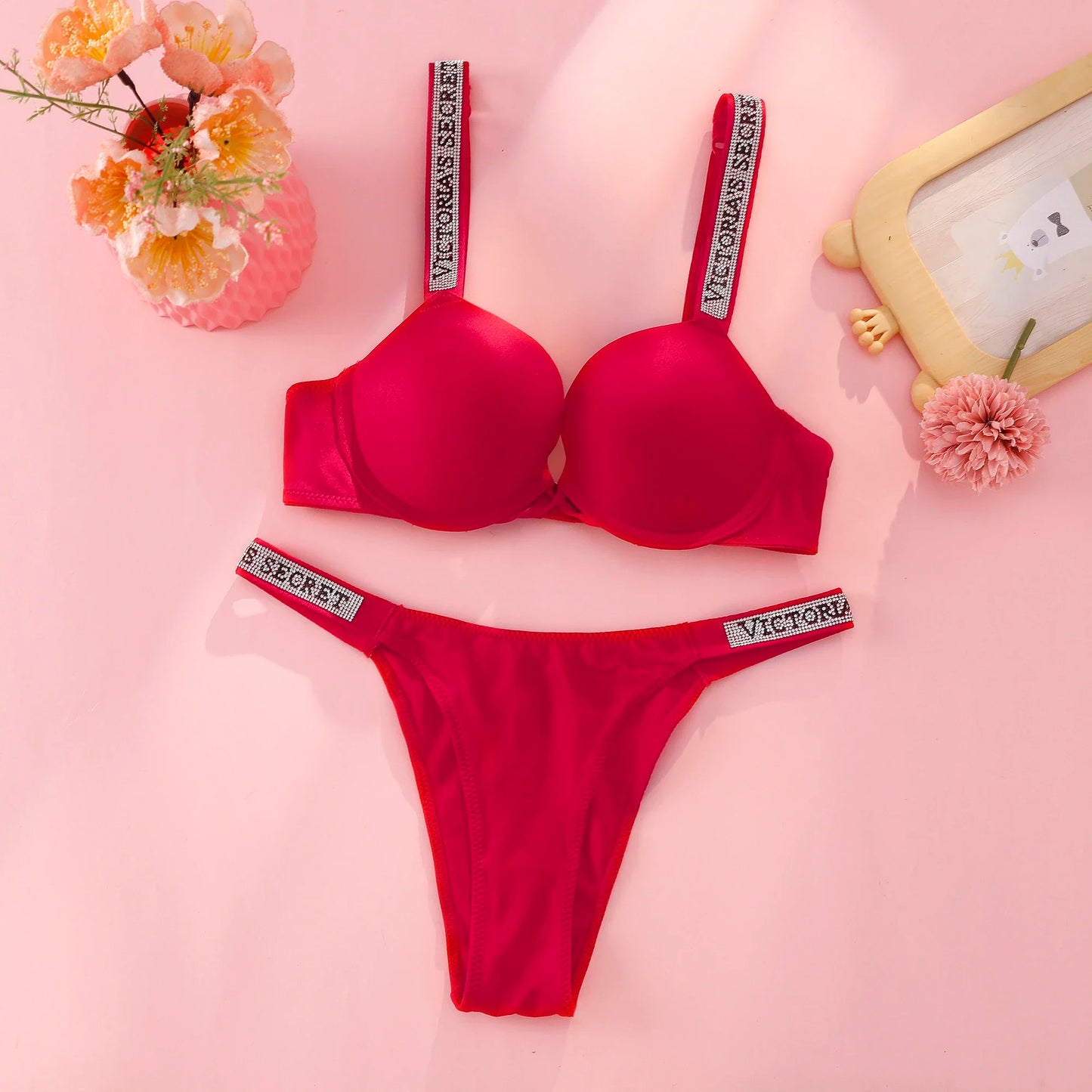 Victoria's Secret Push Up Bra And Panties Set For Women Rhinestone Logo Shoulder Straps Lace Underwear Sexy Lingerie Set