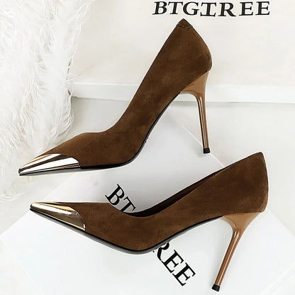 BIGTREE Shoes Leopard Women Pumps Stilettos Heels 9.5 cm Suede High Heels Metal Pointed Tip Women Heels Sexy Party Shoes ﻿Femal