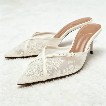 Embroidered Mesh Mules Sandals Women Sexy Pointed-toe Stilettos Slippers for Ladies Breathable High Heels Elegant Party Shoes