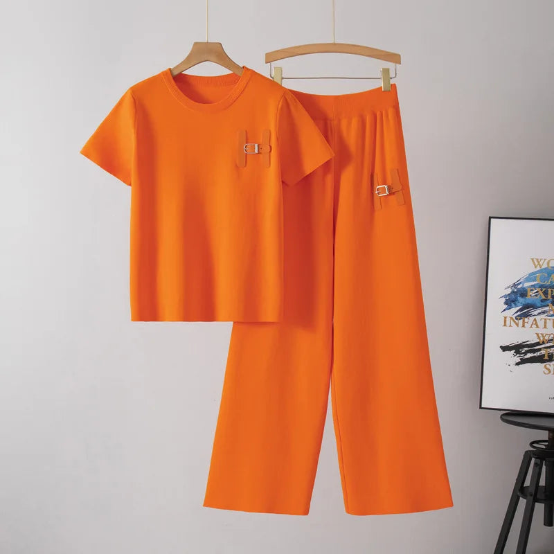 Lazy Fashion Suit Summer New Style Women's Short Sleeved Casual Sports Wide Leg Long Pants Two-piece Set Trendy Pant Sets