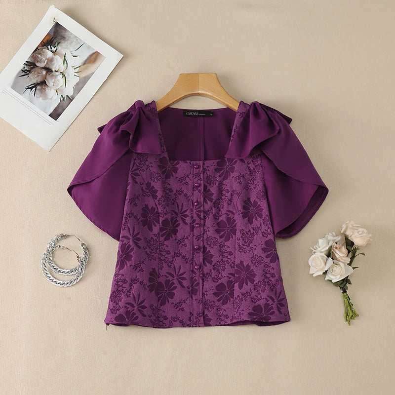 ZANZEA Woman Elegant Floral Jacquard Blouses Square Neck Petal Sleeves Bow Details Short Tops Summer Feminine Blusas de Mujer