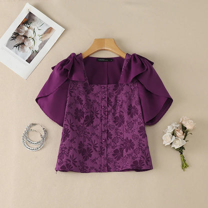 ZANZEA Woman Elegant Floral Jacquard Blouses Square Neck Petal Sleeves Bow Details Short Tops Summer Feminine Blusas de Mujer