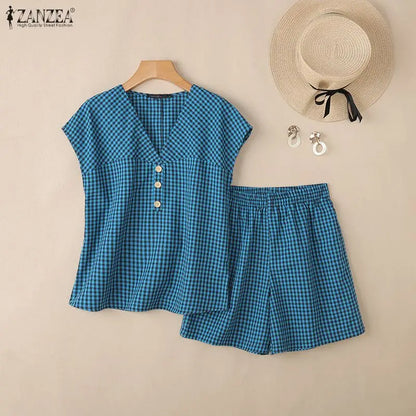 2026 Fashion Summer 2 Pieces Sets ZANZEA Plaid Tracksuit Women V Neck Short Sleeve Blouse Short Sets Casual Holiday Work Outfits