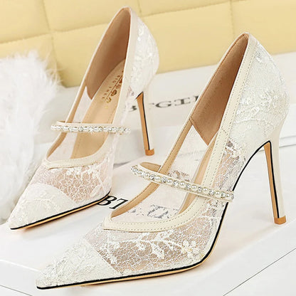 BIGTREE Shoes Rhinestone Pearl Women Pumps Lace High Heels Sexy Party Shoes Stiletto Heels Luxury Banquet Shoes Women Heels New