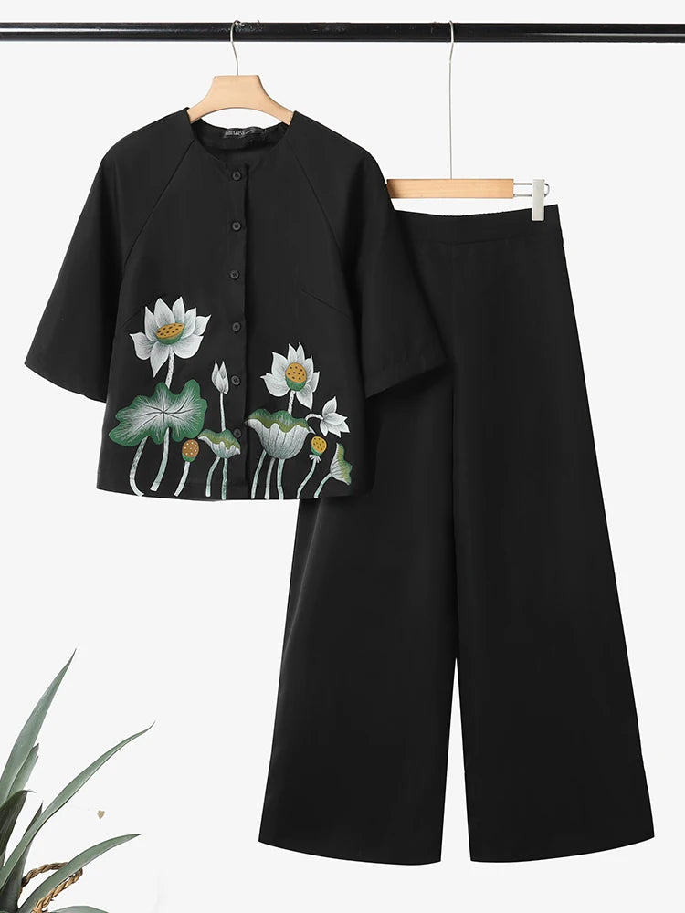 2025 Summer Pant Sets ZANZEA Women 2 Piece Sets O Neck Half Sleeve Shirt Trousers Suits Casual OL Work Outfits Printed Tracksuit