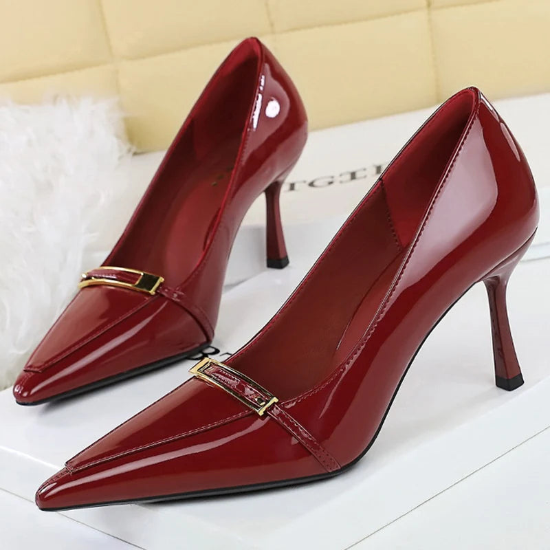BIGTREE Shoes Patent Leather Women Pumps Sexy Metal Buckle High Heels Stiletto  8 Cm Occupation Office Shoes Banquet Shoes 2026