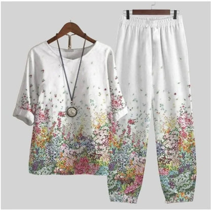 Summer Casual Two Piece Sets Women Loose Short Sleeve T-Shirt High Waist Pants Print Outfits Ladies Elegant Vintage top Pantsuit