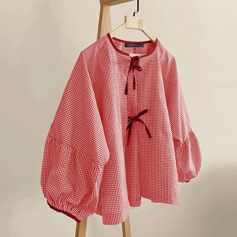 ZANZEA Women Plaid Printed Blouse Fashion Lace Up Shirts Holiday Sweety O-neck Long Sleeve Tops Casual Autumn 2024 Bowtie Tunics