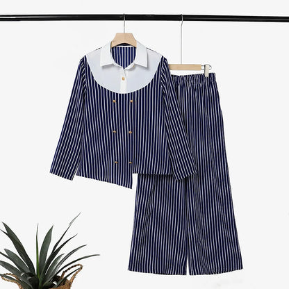 ZANZEA Women's Striped 2-Piece Sets Color-Blocked Long Sleeve Blouse & Wide Leg Pant Matching Sets Autumn Elegant Chic Co-ords