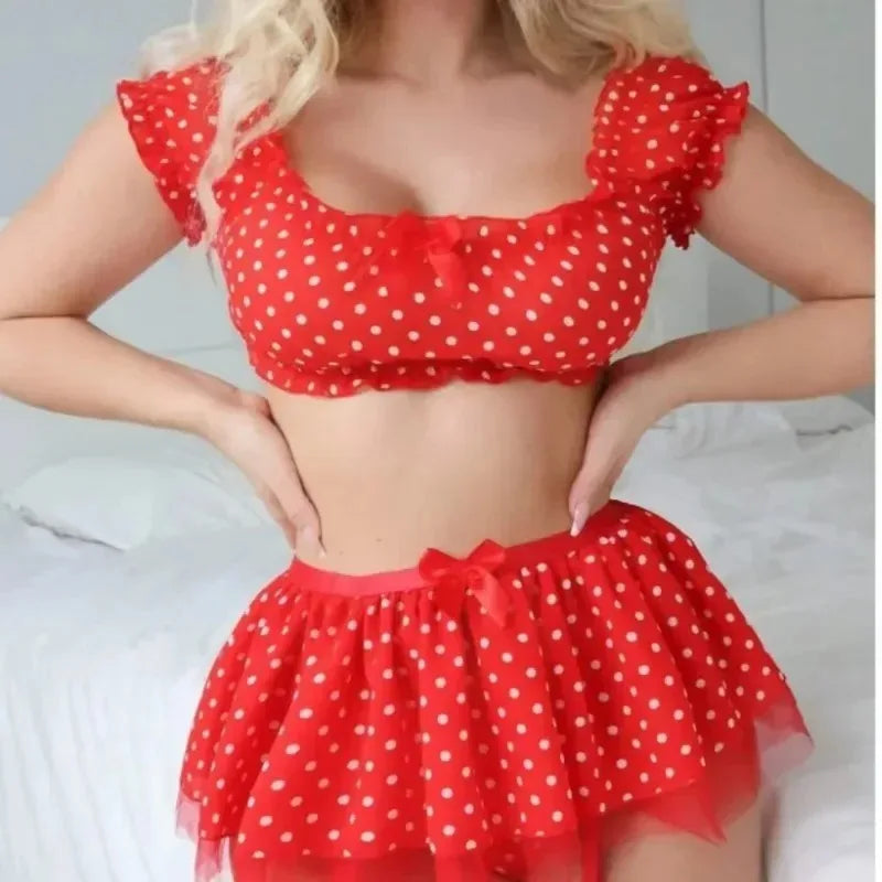 Women's Sexy Polka Dot 2 Piece Lingerie Set, Off Shoulder Mesh Tulle Skirt with Garter Straps for Nightwear