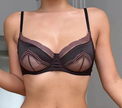 Fashion Women Lace Satin Unpadded Bra Set Soft Underwire Ultra Thin Slimming Anti-sagging Comfort Breathable Daily Underwear Set