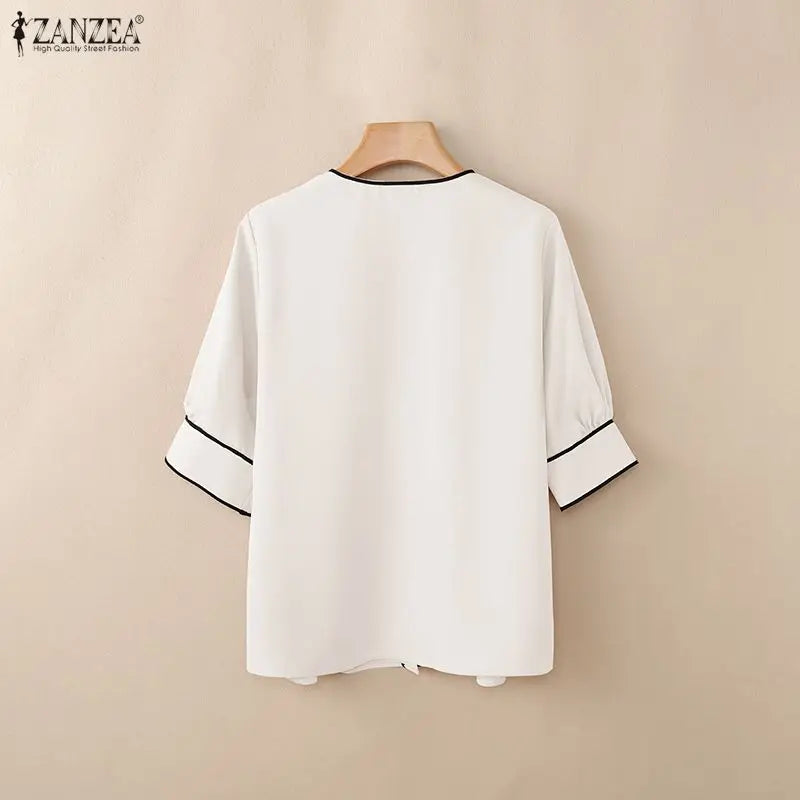 ZANZEA Women's Fashion Contrast-Trim Shirts 3/4 Sleeves O-Neck Button Up Casual Tops 2026 Summer Streetwear Chemises Femme