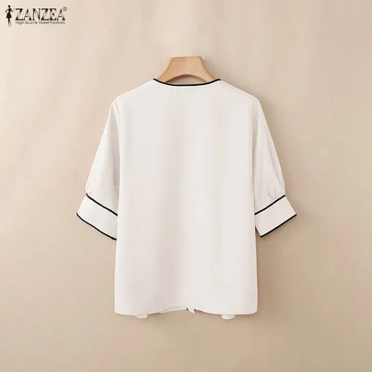 ZANZEA Women's Fashion Contrast-Trim Shirts 3/4 Sleeves O-Neck Button Up Casual Tops 2026 Summer Streetwear Chemises Femme