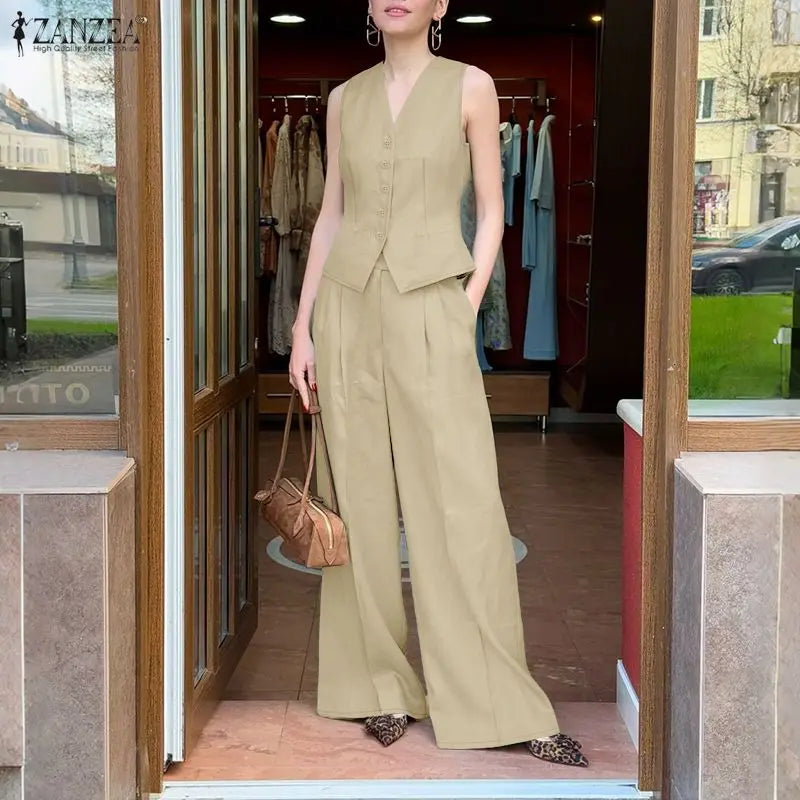 ZANZEA 2025 Summer Elegant V Neck Sleeveless Vests Tops Trousers Suits Stylish Women Outfits 2 Piece Sets Fashion OL Tracksuit