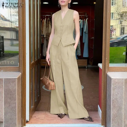 ZANZEA 2025 Summer Elegant V Neck Sleeveless Vests Tops Trousers Suits Stylish Women Outfits 2 Piece Sets Fashion OL Tracksuit