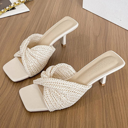 BIGTREE Shoes Women Mule Heels 6.5 Stiletto Weave Women Pumps High-Heeled Slippers Women Sandas Summer Shoes Sexy Kitten Heels