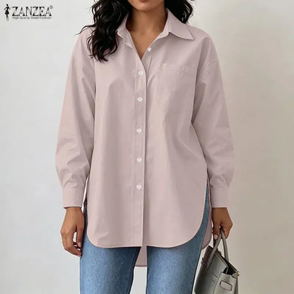 ZANZEA Woman Rounded Hem Long Shirts Casual Turn-Down Collar Long Sleeve Button Up Blouses Autumn Solid Chemise Femme Streetwear