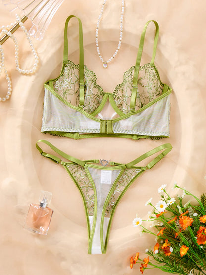 Women Green Daisy Floral Embroidery Lingerie Set Sheer Mesh Heart Metal Buckle Underwire Bra & Thong 2‑Piece Intimate Underwear