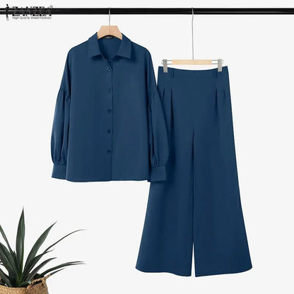 ZANZEA Women's Elegant Chic Pant Suits Lantern Sleeve Shirt & Wide Leg Pant 2 Pieces Sets Oversized Pant Sets Outfits Streetwear