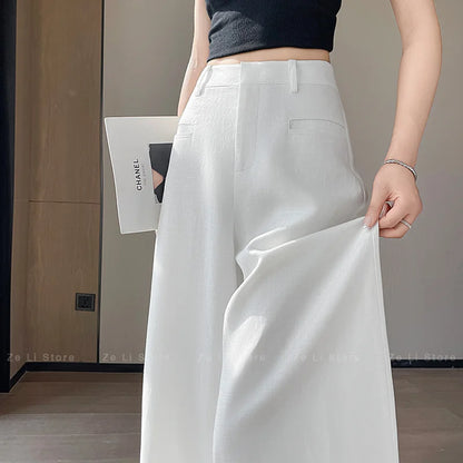 Summer 2026 New Style Women's Linen Wide Leg Suit Pants Thin Ice Silk Sun Protection High Waist Casual Straight Floor