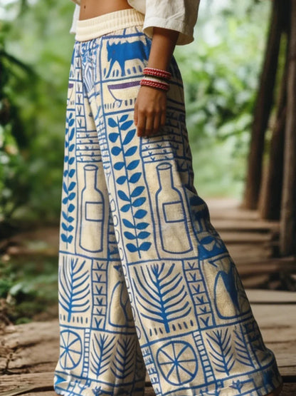 Fashionable Wife's Trendy Bohemian Style Blue Geometric Hand-Painted Print Wide-Leg Pants, High-Waisted Stretch Pants, Summer Beach Vacation Outdoor Casual Pants