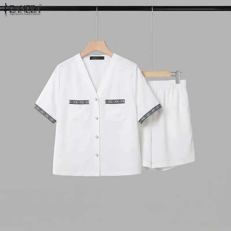 ZANZEA Women's 2-Piece Short Sets Printing Paneled V-Neck Short Sleeve Top Elastic Waist Shorts Matching Sets 2026 Summer Co-ord
