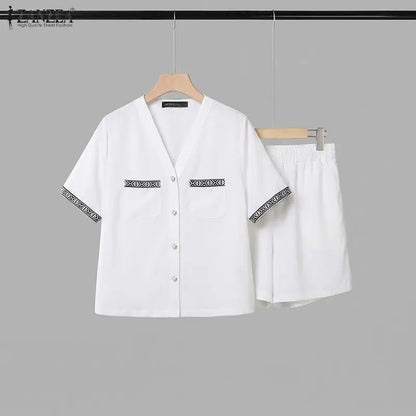 ZANZEA Women's 2-Piece Short Sets Printing Paneled V-Neck Short Sleeve Top Elastic Waist Shorts Matching Sets 2026 Summer Co-ord