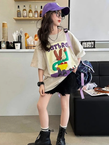 Girls Summer T-Shirt Short Sleeve 100% Cotton Kids Casual Tee 2026 New Stylish Cool Design for Big Girls Hot Weather Wear