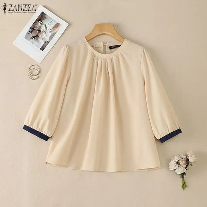 ZANZEA Woman Casual Blouses Gathered O-Neck Contrast-Trim 3/4 Sleeve Solid Color Tops 2026 Summer Everyday Wear Blusas de Mujer