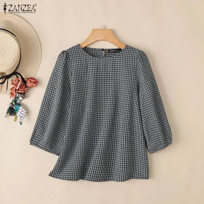 ZANZEA Women Classic Plaid Blouses Casual Round Neck 3/4 Puff Sleeves Loose Gingham Tops 2026 Autumn Everyday Wear Blusas Mujer