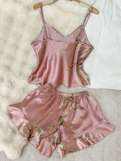 Women's Summer Set Sexy Printed Shorts And V Neck Top Breathable And Comfortable Clothing Set For Home