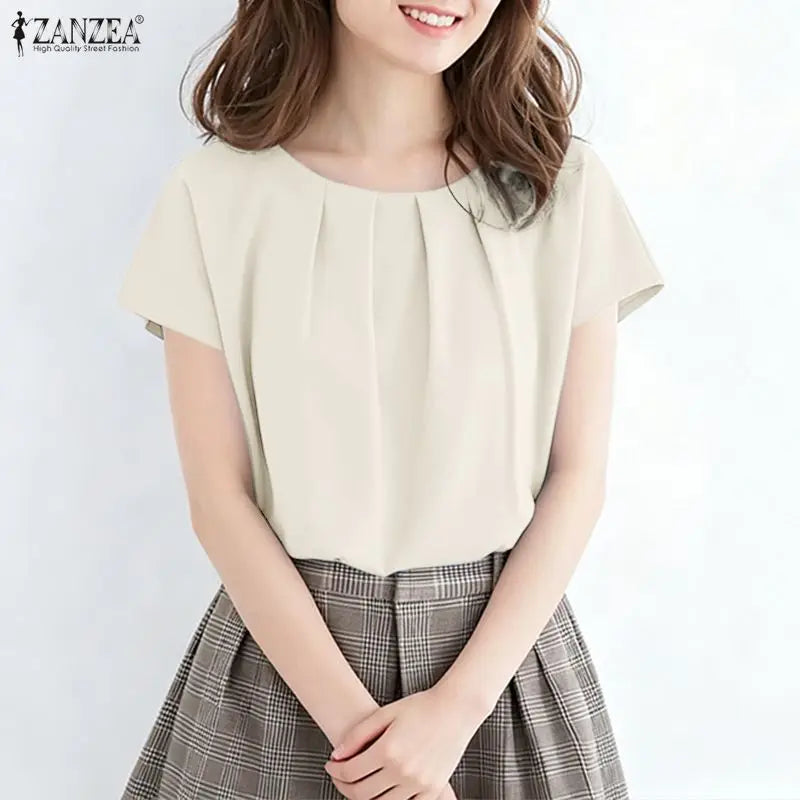 ZANZEA Women Summer Short Sleeve Blouses Casual Chic O-Neck Pleated Front Solid Color Tops Minimalist Loose Blusas de Mujer