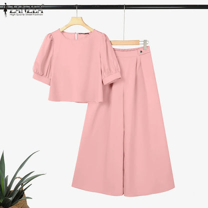 2026 ZANZEA Elegant Women Short Puff Sleeve Cropped Blouse Wide Leg Pant Sets Fashion Summer 2 Piece Sets Solid OL Work Outfits