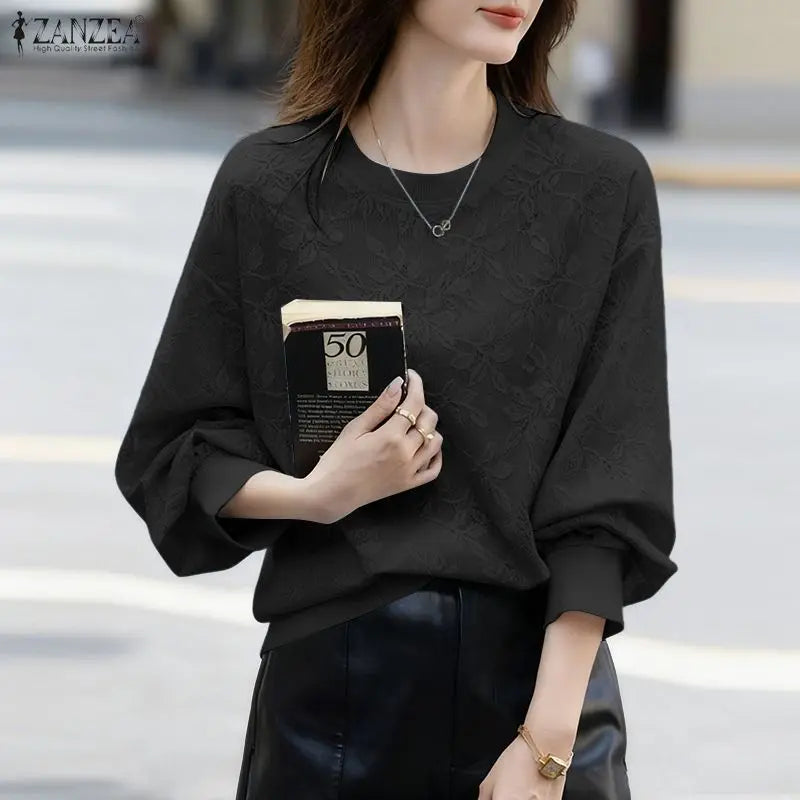 ZANZEA Women's Elegant Floral Jacquard Sheer Blouses O-Neck Long Sleeve Solid Color Pullover Tops Casual Loose Woman Clothes 3XL