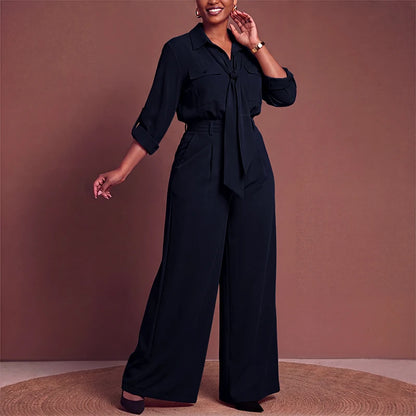 VONDA Plus Size Women Suits Long Sleeve Lapel Neck Tops High Waisted Pants Sets Casual Loose Solid Color Outfits Two-piece
