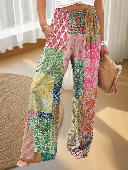 2025 Women's New Floral Print Loose Pants Casual Elastic Waist Wide Leg Straight Trousers Drawstring Design Relaxed-Fit Pants